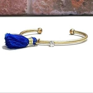 Vintage Gold Rhinestone Stud and Royal Blue Tassel Cuff Bracelet